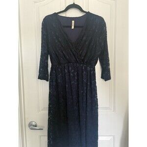 Hello Miz Navy Lace Midi Dress Women’s Large V-Neck 3/4 Sleeve Lined Formal
